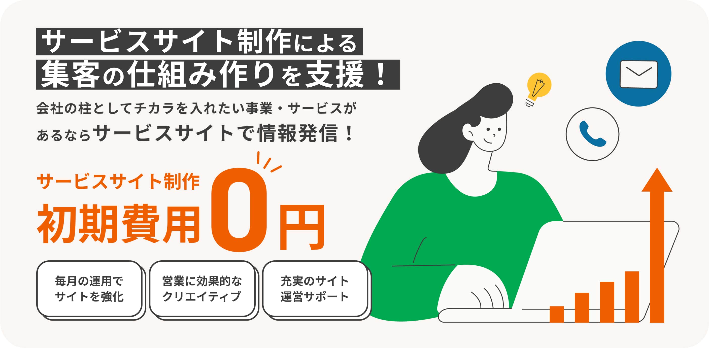 サービスサイト制作による集客の仕組み作りを支援！ 会社の柱としてチカラを入れたい事業・サービスがあるならサービスサイトで情報発信！ サービスサイト制作初期費用0円 毎月の運用でサイトを強化 営業に効果的なクリエイティブ 充実のサイト運営サポート